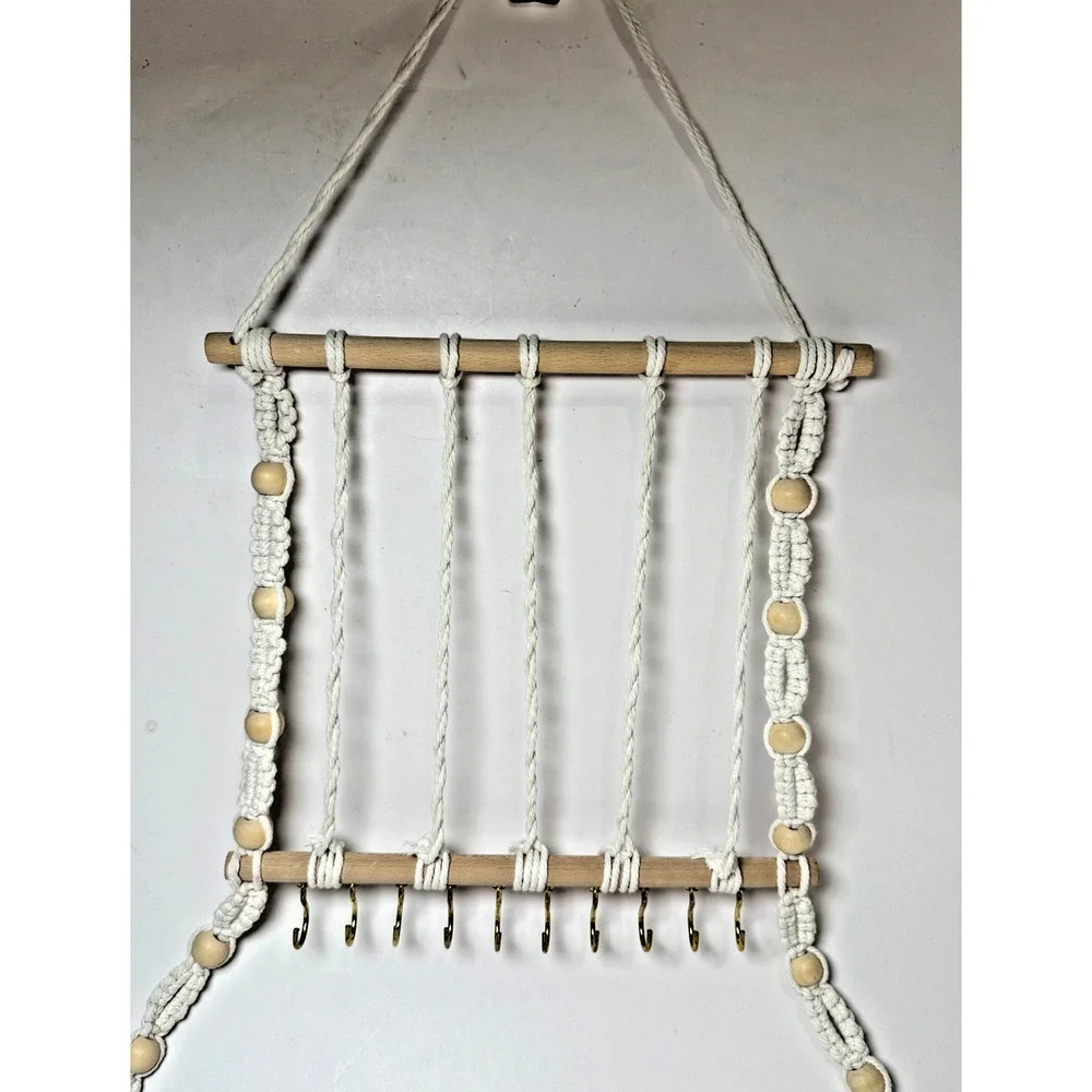Beaded Macrame Hanging Jewelry Organizer 30-Hook Wall Necklace Bows Holder Boho
